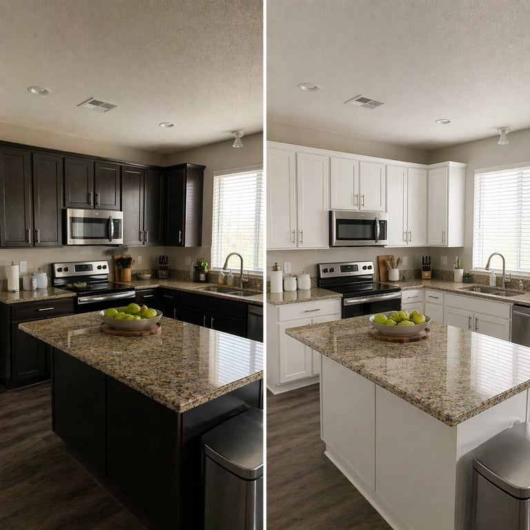 Before and after cabinet painting in Phoenix kitchen by Modern Painters — HVLP sprayed factory-smooth finish