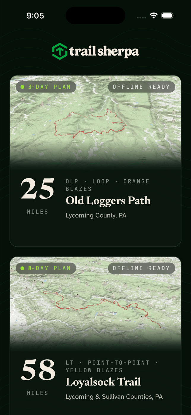Trail Sherpa Basecamp — Old Loggers Path and Loyalsock Trail cards with 3D relief maps and offline-ready badges.