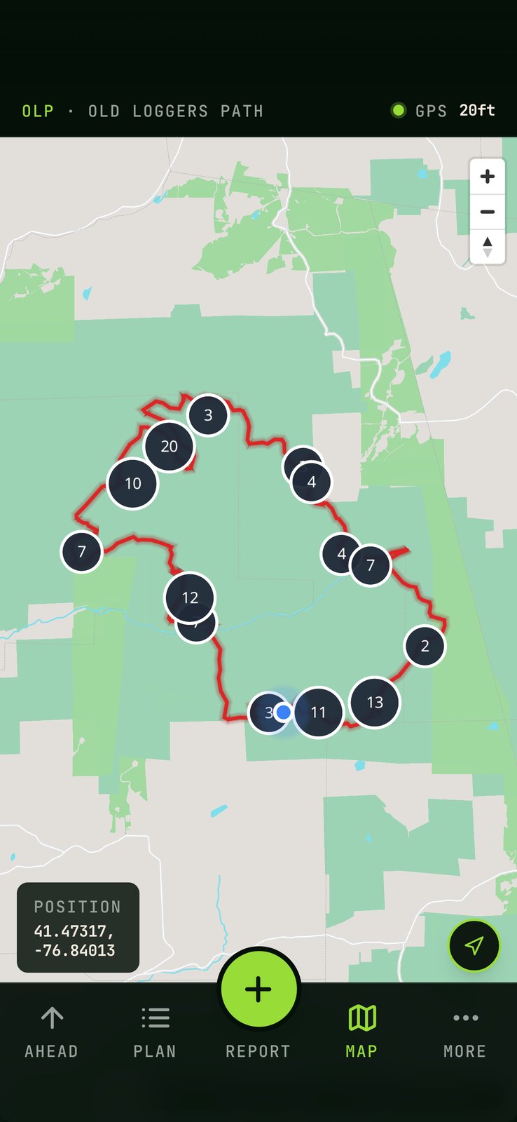 Trail Sherpa Map tab: the Old Loggers Path loop with clustered waypoints and the hiker's GPS position on the trail.