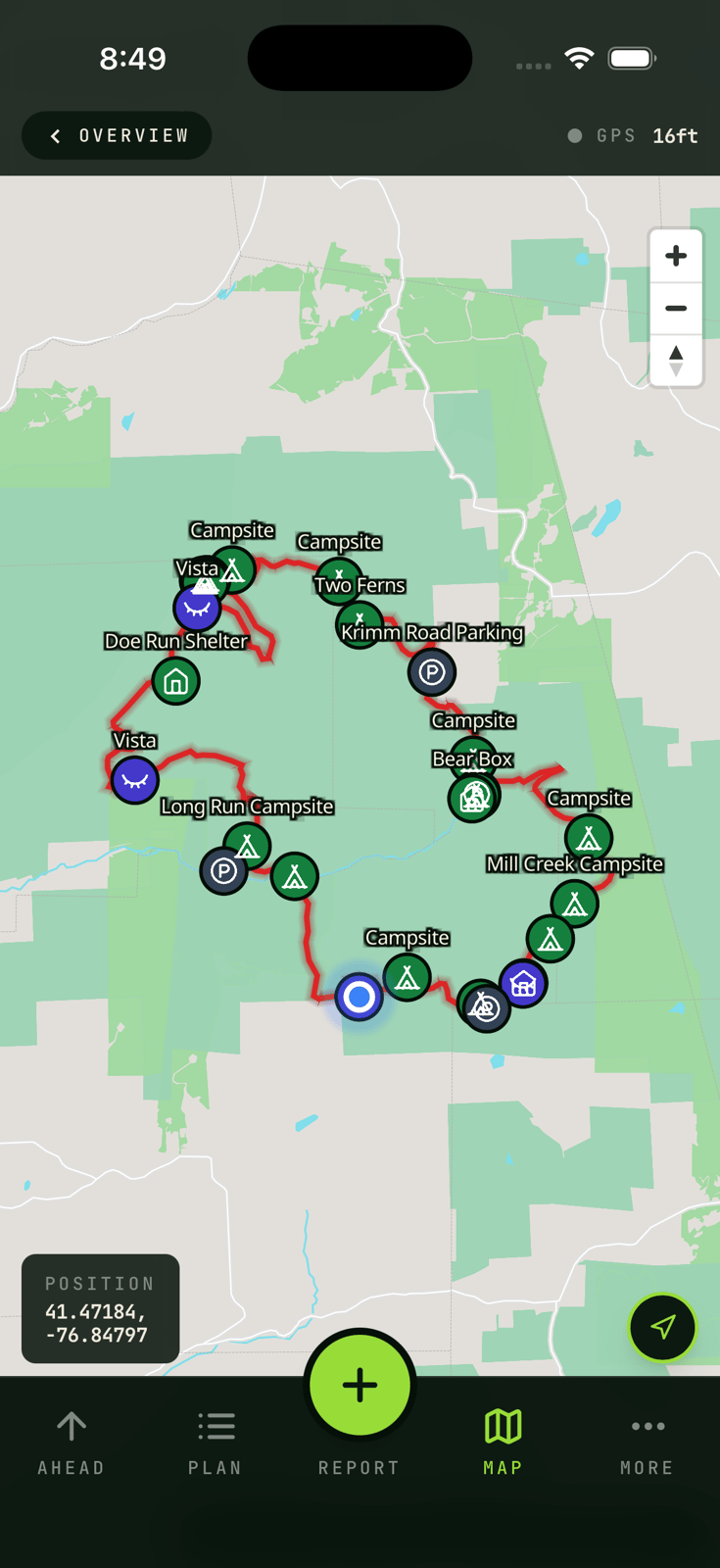 Trail Sherpa on-trail Map tab — Old Loggers Path loop with waypoints (campsites, shelters, vistas, parking) and user GPS position pinned mid-loop with a 16-foot accuracy readout.