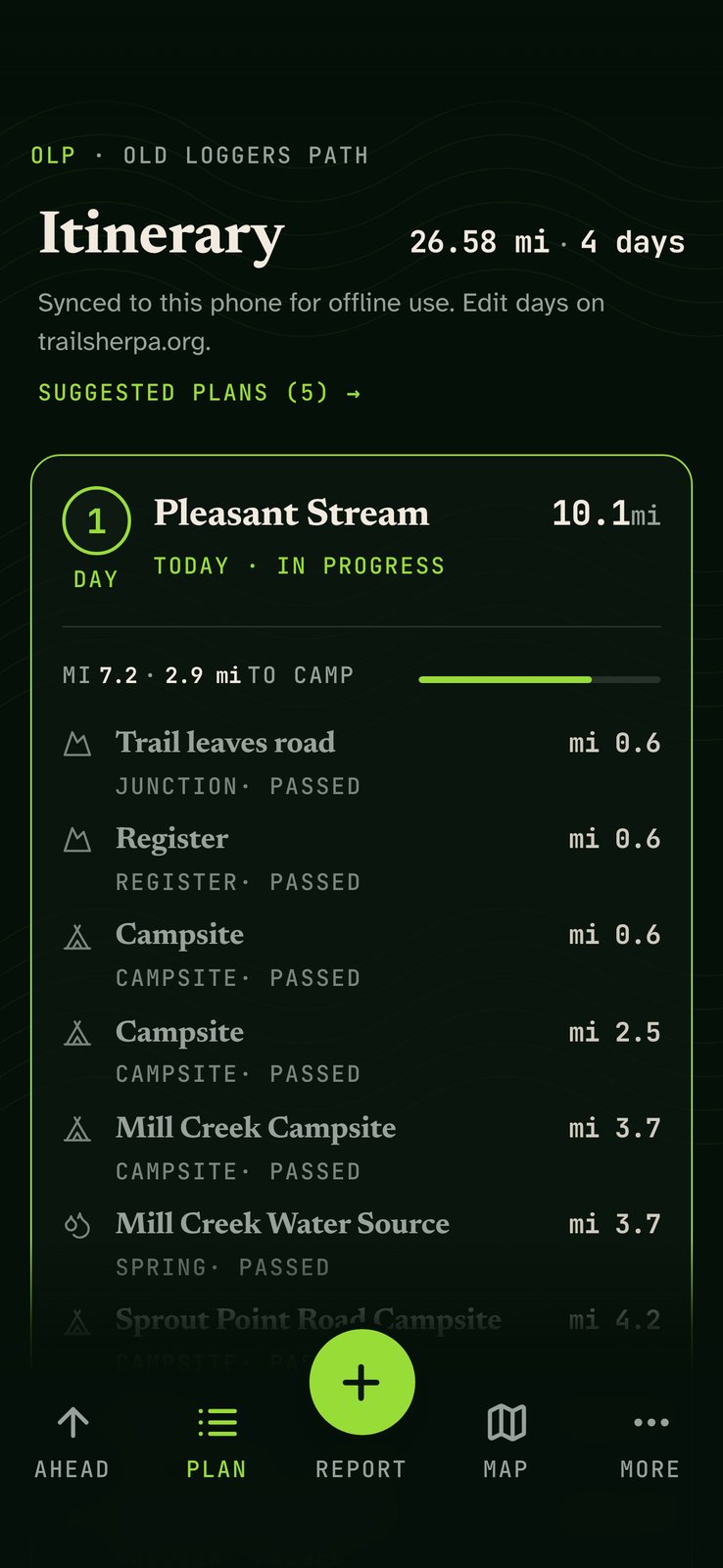 Trail Sherpa Plan tab: Old Loggers Path itinerary, 26.58 miles over 4 days, day 1 to Pleasant Stream in progress with 2.9 miles to camp.