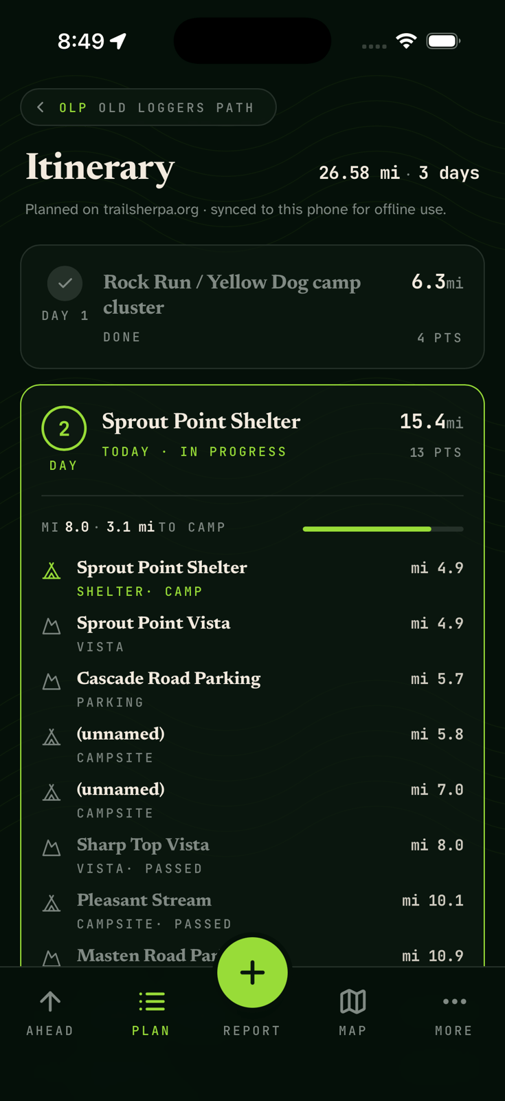Trail Sherpa on-trail Plan tab — OLP Lunar Orbit itinerary synced from the web planner. Day 1 done, day 2 to Sprout Point Shelter in progress with waypoints listed in walking order.