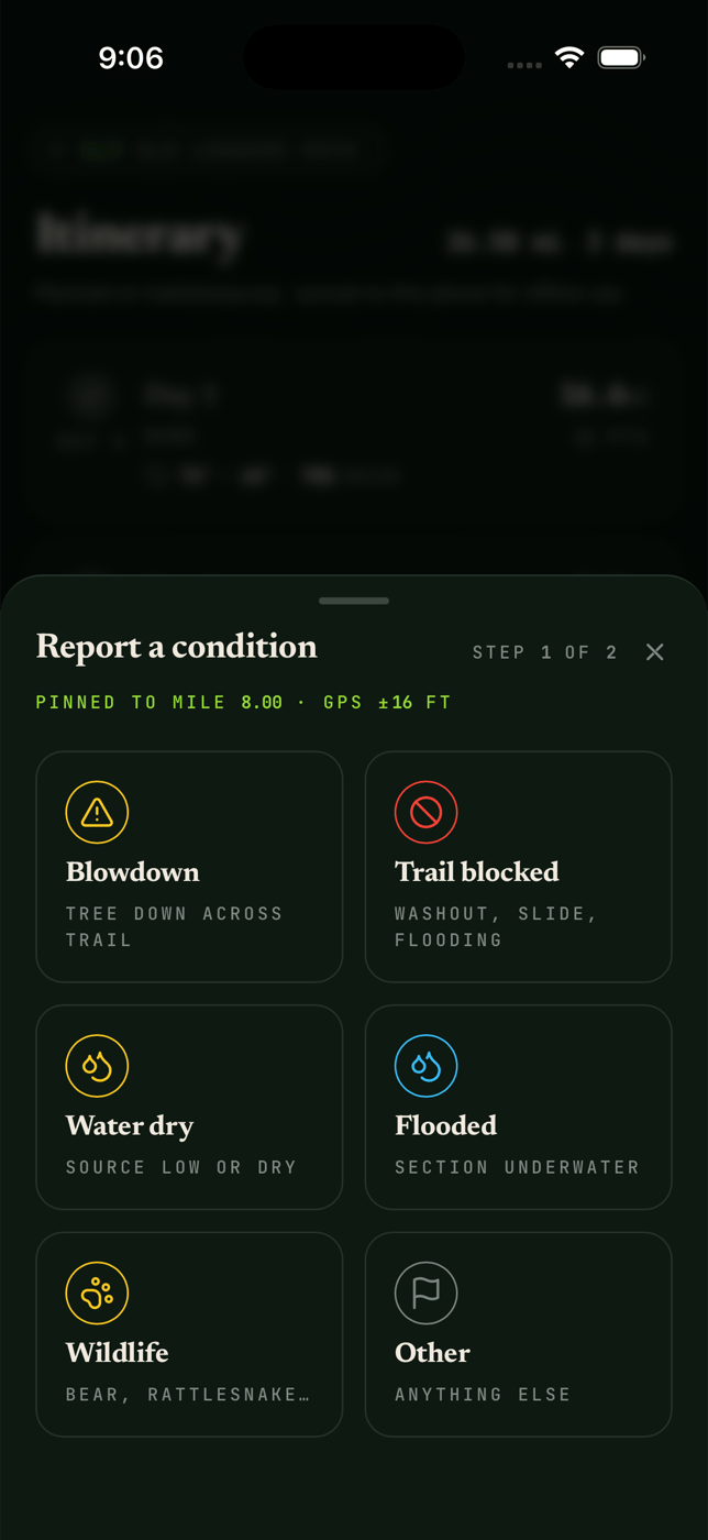 Trail Sherpa condition report sheet — six categories (blowdown, trail blocked, water dry, flooded, wildlife, other), GPS-pinned to mile 8.00.