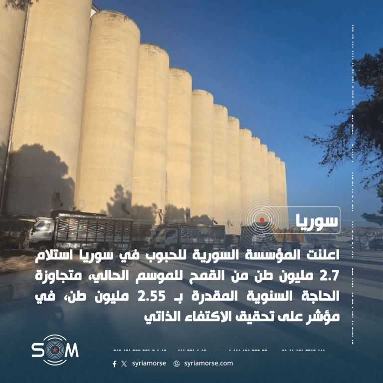المؤسسة السورية للحبوب تعلن تحقيق الاكتفاء الذاتي بعد استلام 2.7 مليون طن قمح الموقع: سوريا