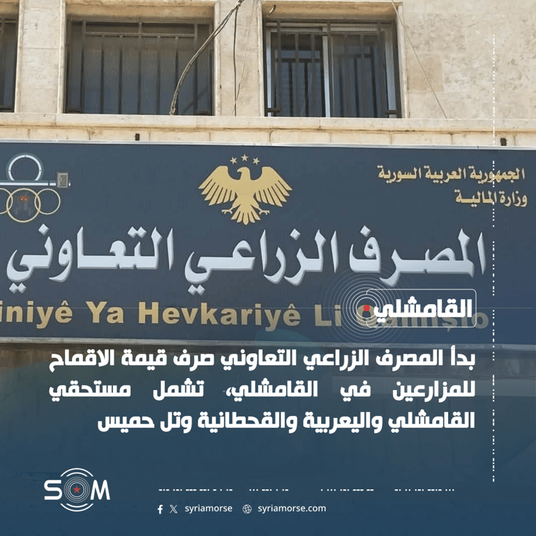 المصرف الزراعي في القامشلي يبدأ صرف قيمة الاقماح للمزارعين في عدة مناطق الموقع: القامشلي