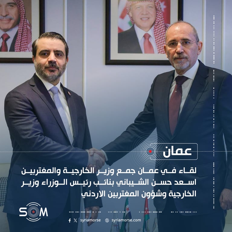 لقاء في عمان جمع وزير الخارجية والمغتربين اسعد حسن الشيباني بنائب رئيس الوزراء وزير الخارجية وشؤون المغتربين الاردني