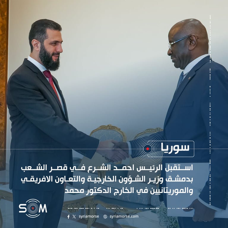 استقبل الرئيس احمد الشرع في قصر الشعب بدمشق وزير الشؤون الخارجية والتعاون الافريقي والموريتانيين في الخارج الدكتور محمد