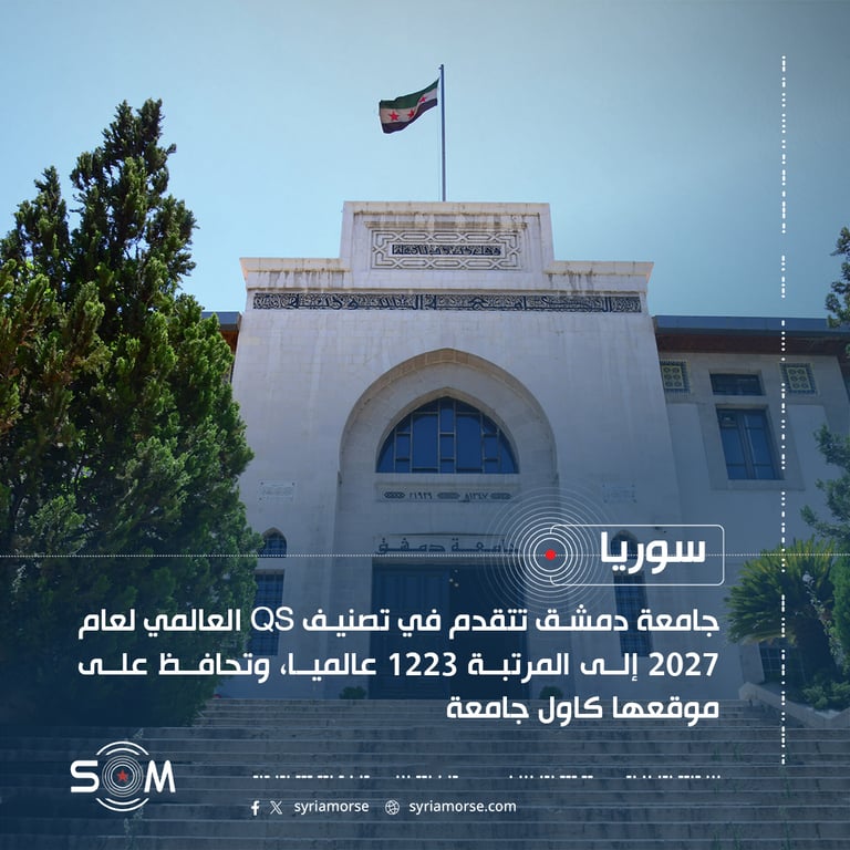 جامعة دمشق تتقدم في تصنيف QS العالمي لعام 2027 إلى المرتبة 1223 عالميا، وتحافظ على موقعها كاول جامعة