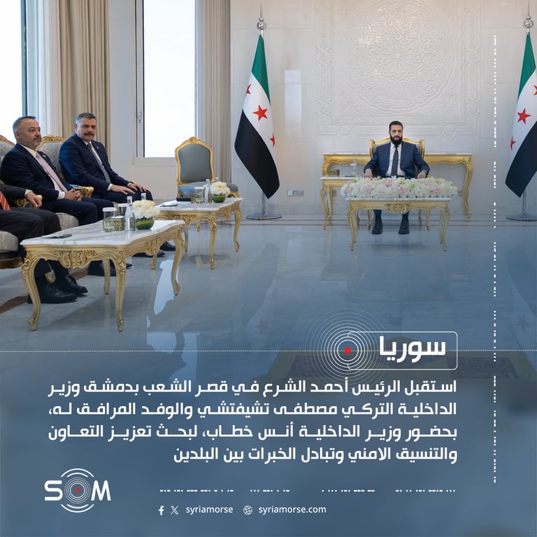 الرئيس أحمد الشرع يبحث مع وزير الداخلية التركي التعاون والتنسيق الامني في دمشق