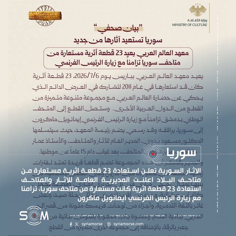 الاثار السورية تعلن استعادة 23 قطعة اثرية مستعارة من متاحف البلاد