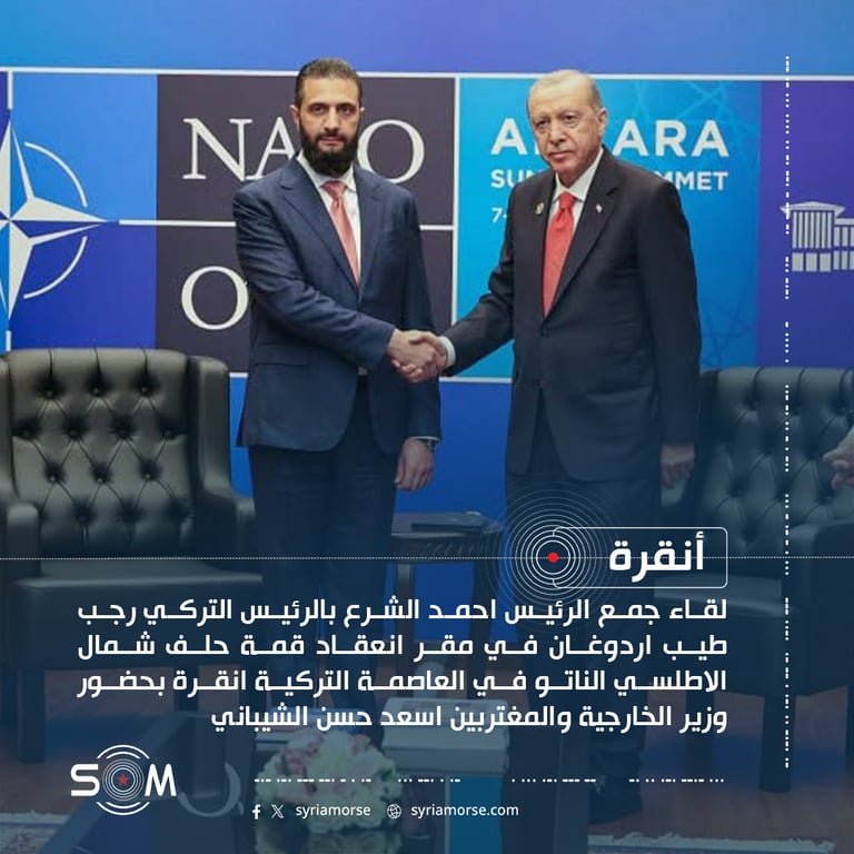 الرئيس احمد الشرع يلتقي اردوغان على هامش قمة الناتو في انقرة