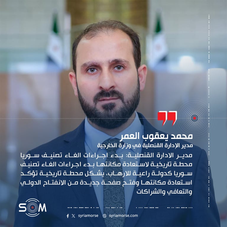 مدير الادارة القنصلية: بدء اجراءات الغاء تصنيف سوريا محطة تاريخية لاستعادة مكانتها