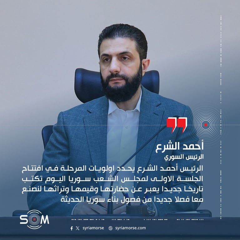 الرئيس أحمد الشرع يحدد اولويات المرحلة في افتتاح الجلسة الاولى لمجلس الشعب