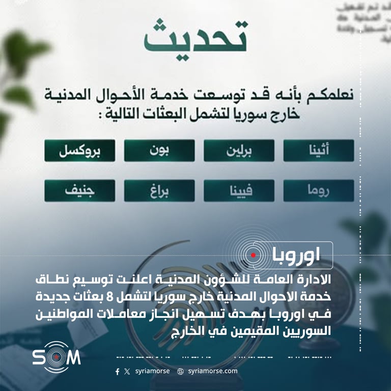 الادارة العامة للشؤون المدنية توسع خدمة الاحوال المدنية خارج سوريا في 8 بعثات اوروبية
