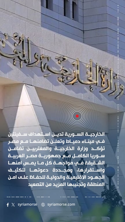 الخارجية السورية تدين استهداف سفينتين في ميناء دمياط وتعلن تضامنها مع مصر