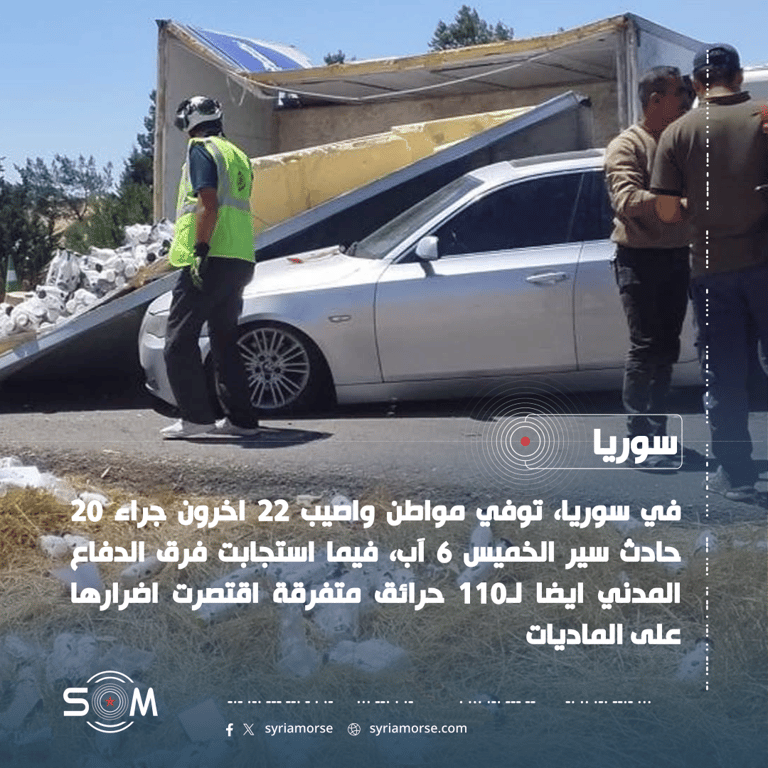 الدفاع المدني: وفاة شخص واصابة 22 اخرين في 20 حادث سير بسوريا الموقع: سوريا