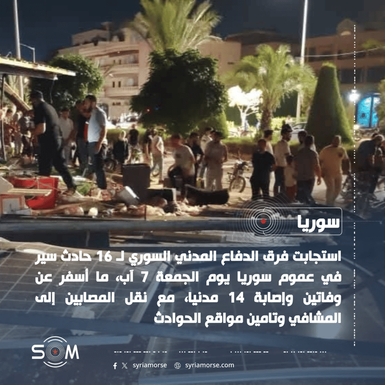 الدفاع المدني السوري يستجيب لـ 16 حادث سير في عموم سوريا خلال يوم واحد الموقع: سوريا