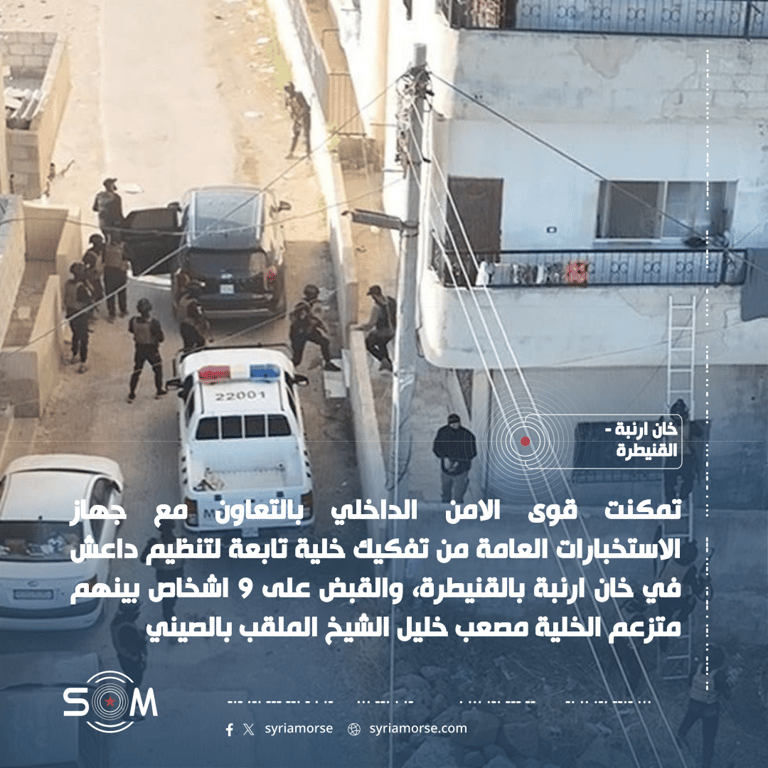 الامن الداخلي يعلن تفكيك خلية تابعة لتنظيم داعش في خان ارنبة بالقنيطرة الموقع: خان ارنبة – القنيطرة