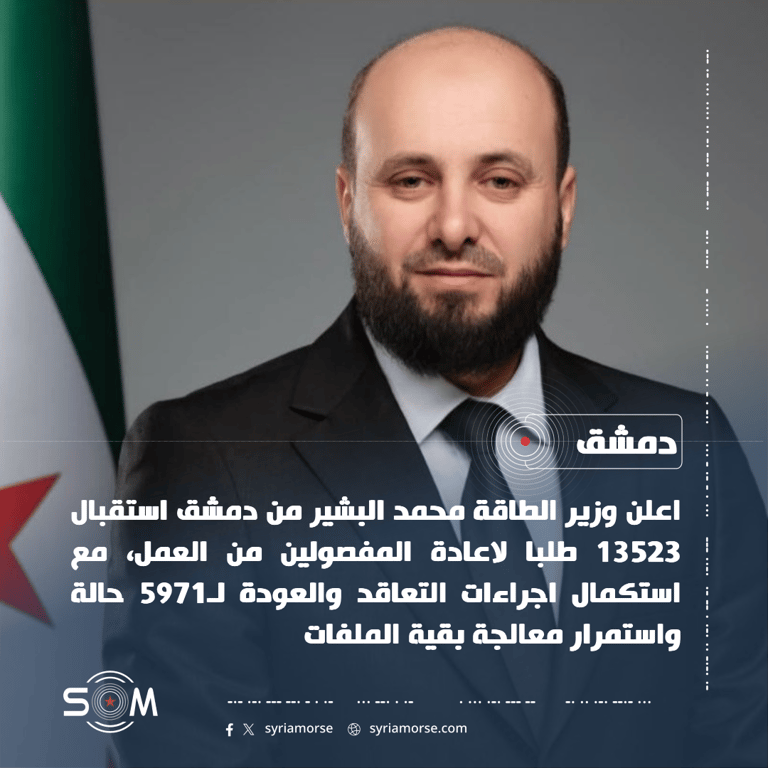 وزير الطاقة يعلن تقدم ملف إعادة المفصولين بسبب مواقفهم المؤيدة للثورة الموقع: دمشق