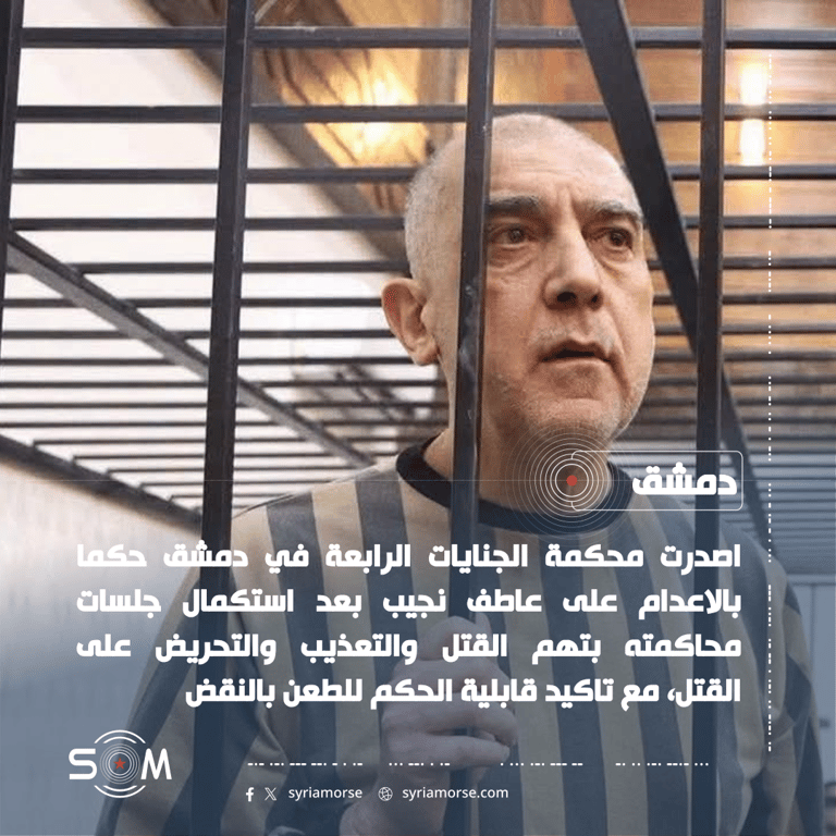 محكمة الجنايات الرابعة في دمشق تصدر حكما بالاعدام على عاطف نجيب الموقع: دمشق