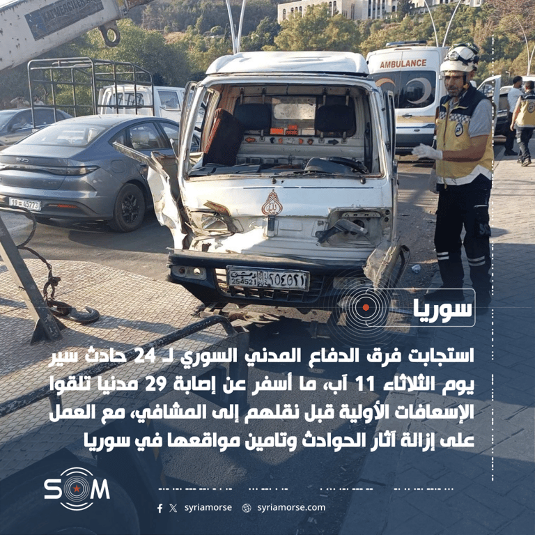 الدفاع المدني السوري يستجيب لـ 24 حادث سير ويعالج 29 مصابا في سوريا الموقع: سوريا