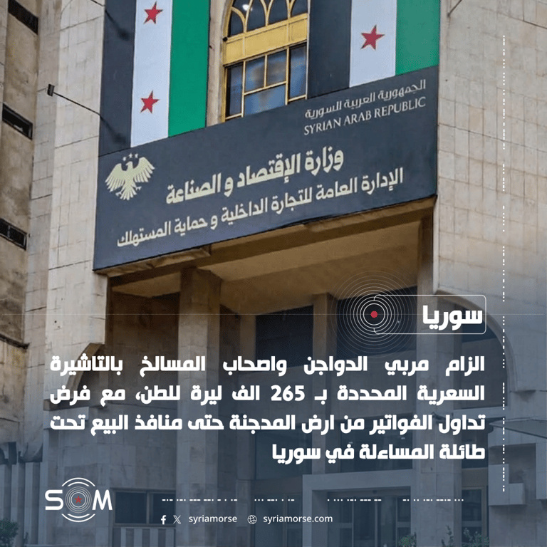 وزارة الاقتصاد تلزم مربي الدواجن والمسالخ بالتاشيرة السعرية وفواتير التداول الموقع: سوريا