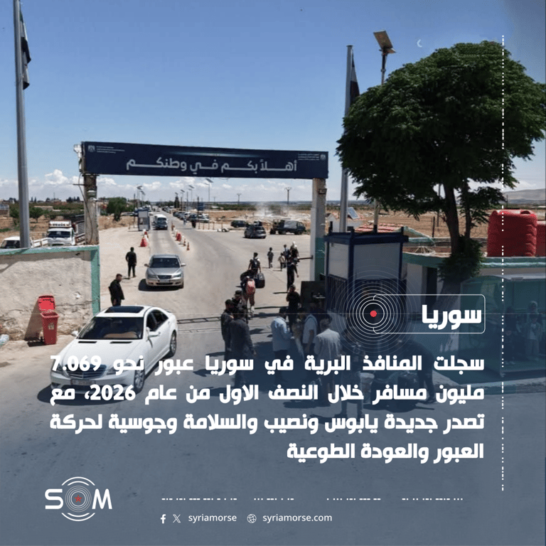 اكثر من 7 ملايين مسافر عبر المنافذ البرية السورية خلال النصف الاول من 2026 الموقع: سوريا