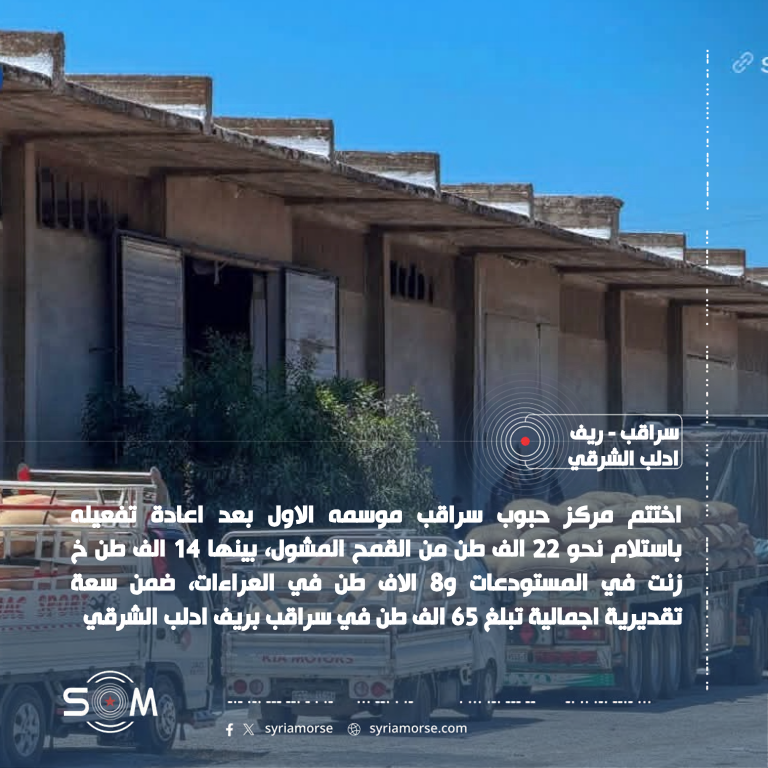 مركز حبوب سراقب يختتم موسمه الاول باستلام 22 الف طن من القمح الموقع: سراقب – ريف ادلب الشرقي
