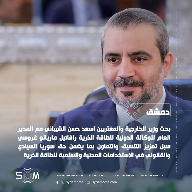 الشيباني وغروسي يبحثان تعزيز التعاون في الاستخدامات السلمية للطاقة الذرية الموقع: دمشق