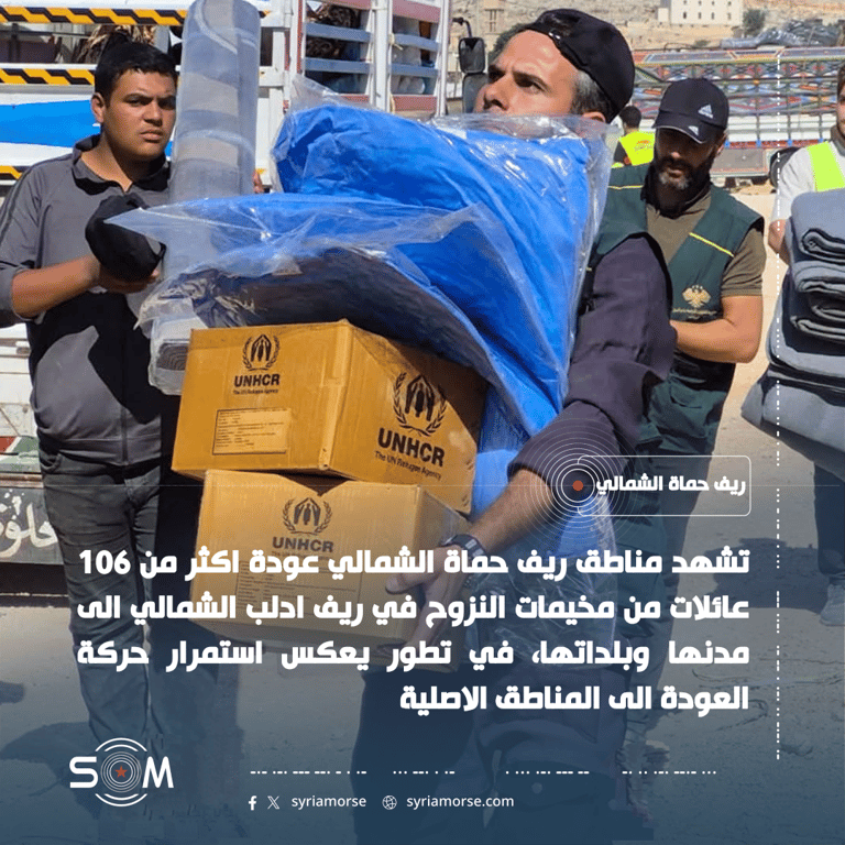 عودة اكثر من 106 عائلات من مخيمات النزوح في ريف ادلب الى ريف حماة الشمالي الموقع: ريف حماة