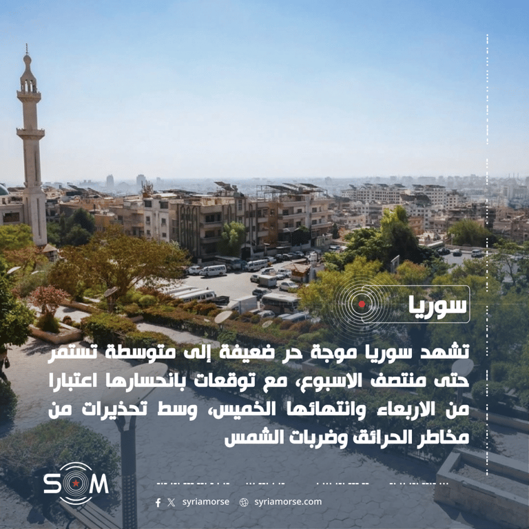 وزارة الطوارئ تحذر من استمرار موجة حر في معظم المناطق السورية الموقع: سوريا