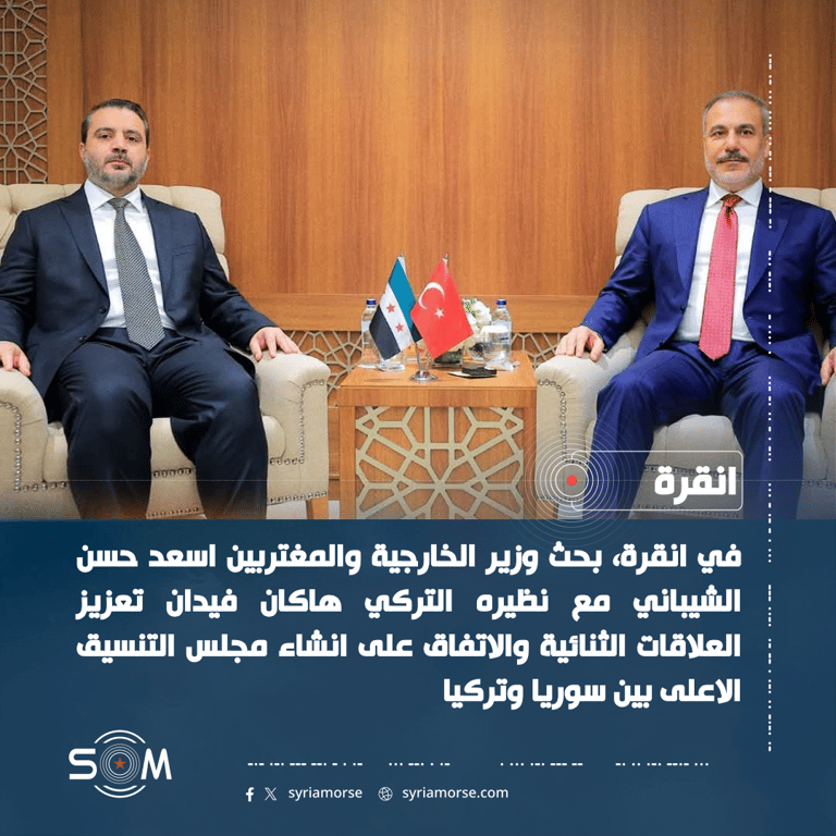 الشيباني وفيدان يبحثان في انقرة تعزيز العلاقات السورية التركية ومشاريع الربط الموقع: انقرة