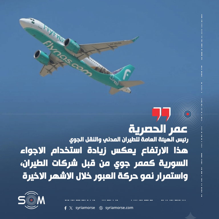 رئيس الطيران المدني: عبور الطائرات في الاجواء السورية ارتفع 30.1% خلال تموز