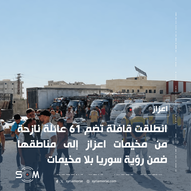 انطلاق قافلة تعيد 61 عائلة نازحة من مخيمات اعزاز إلى مناطقها الموقع: اعزاز