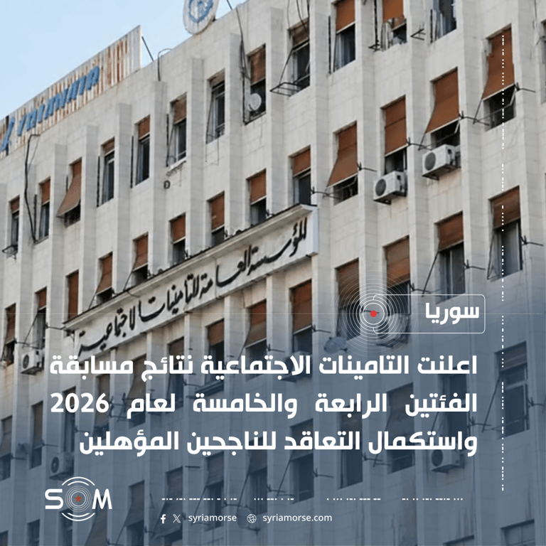 التامينات الاجتماعية تعلن نتائج مسابقة الفئتين الرابعة والخامسة لعام 2026 الموقع: سوريا