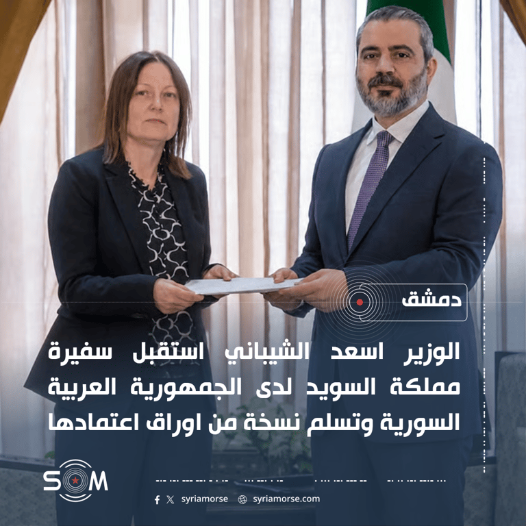 الشيباني يتسلم نسخة من اوراق اعتماد سفيرة السويد لدى دمشق الموقع: دمشق
