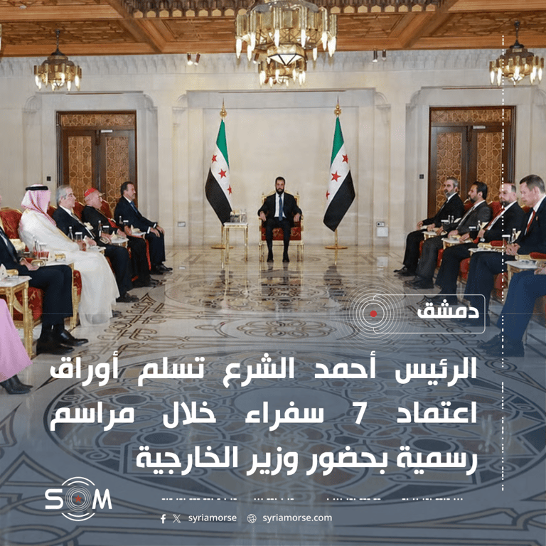 الرئيس أحمد الشرع يتسلم أوراق اعتماد 7 سفراء في قصر الشعب بدمشق الموقع: دمشق