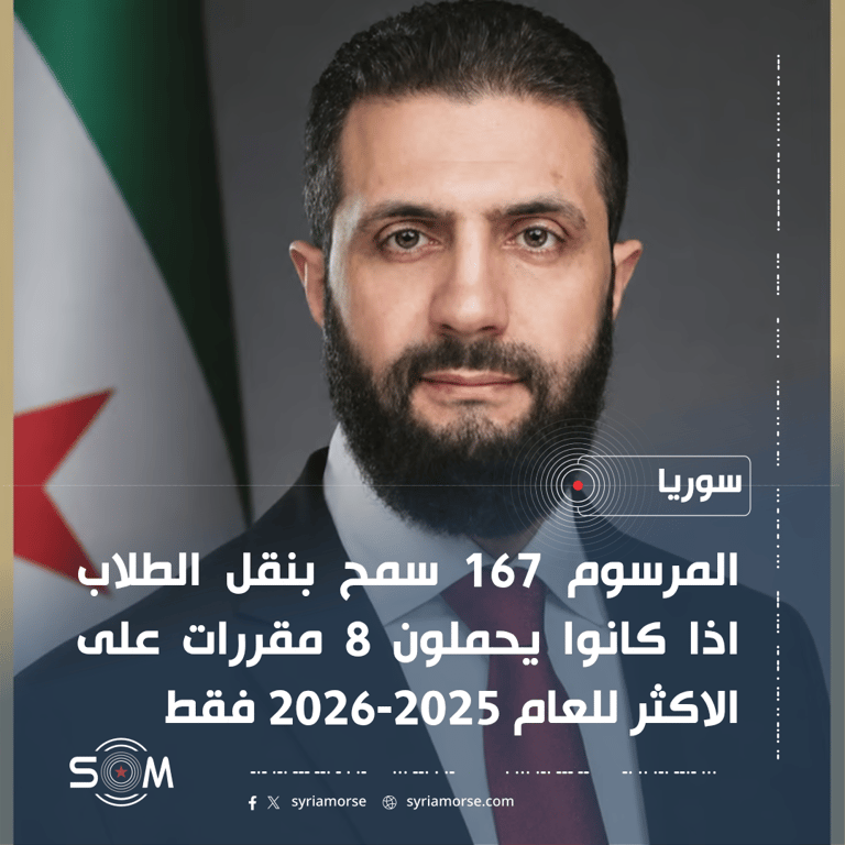 الشرع يصدر مرسوما بنقل طلاب الجامعات وفق شروط استثنائية للعام 2025-2026 الموقع: سوريا