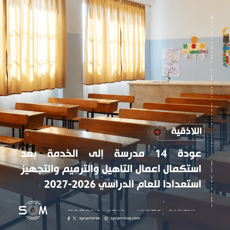 عودة 14 مدرسة في اللاذقية إلى الخدمة مع انطلاق العام الدراسي 2026-2027 الموقع: اللاذقية