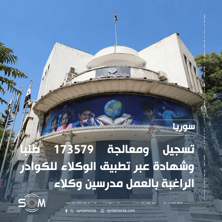 وزارة التربية السورية تعلن معالجة 173579 طلبا عبر تطبيق الوكلاء الموقع: سوريا
