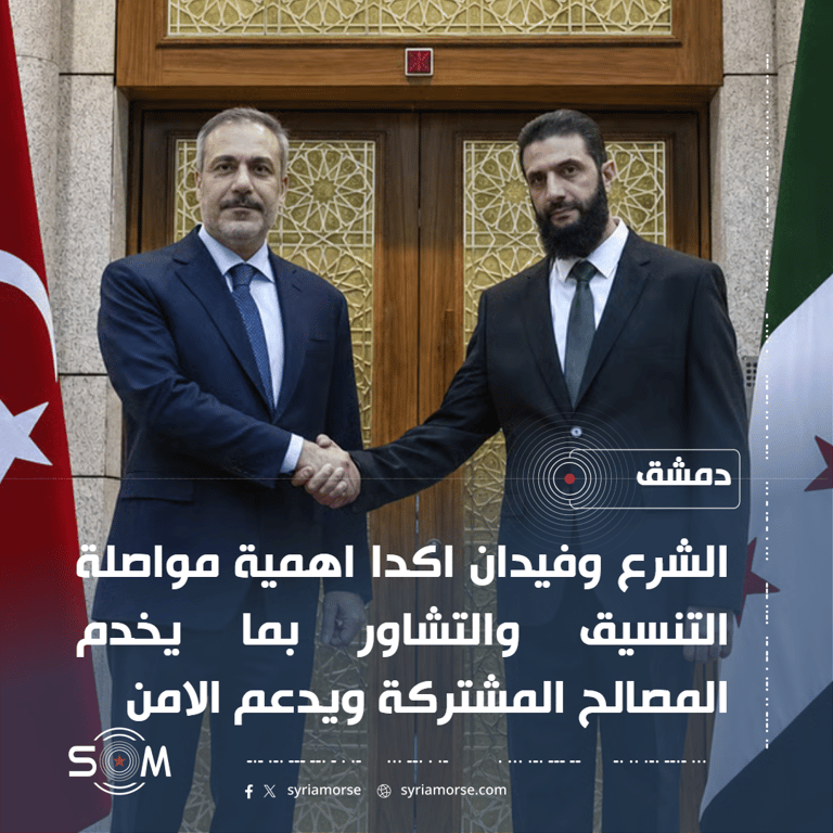 الشرع يستقبل وزير الخارجية التركي هاكان فيدان في دمشق