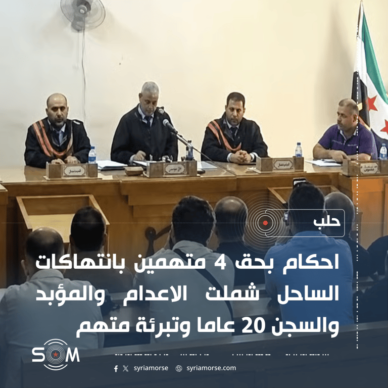 محكمة الجنايات العسكرية بحلب تصدر احكاما بحق 4 متهمين بانتهاكات الساحل