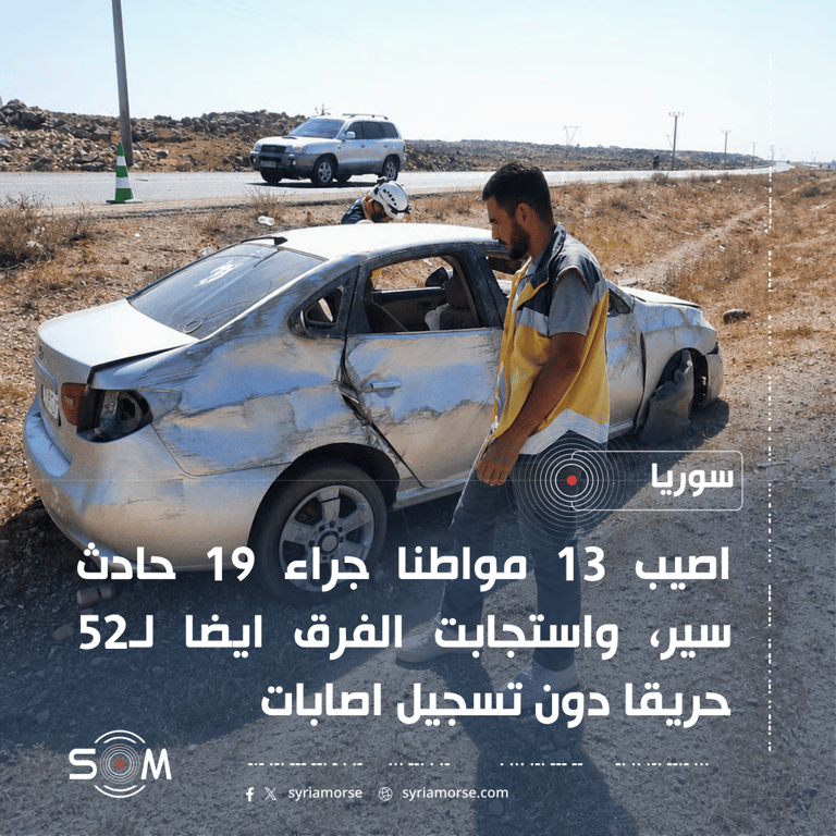 الدفاع المدني: 13 مصابا في 19 حادث سير و52 حريقا خلال يوم واحد