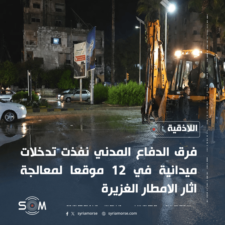 الدفاع المدني ينفذ تدخلات ميدانية لمعالجة اثار الامطار الغزيرة في اللاذقية