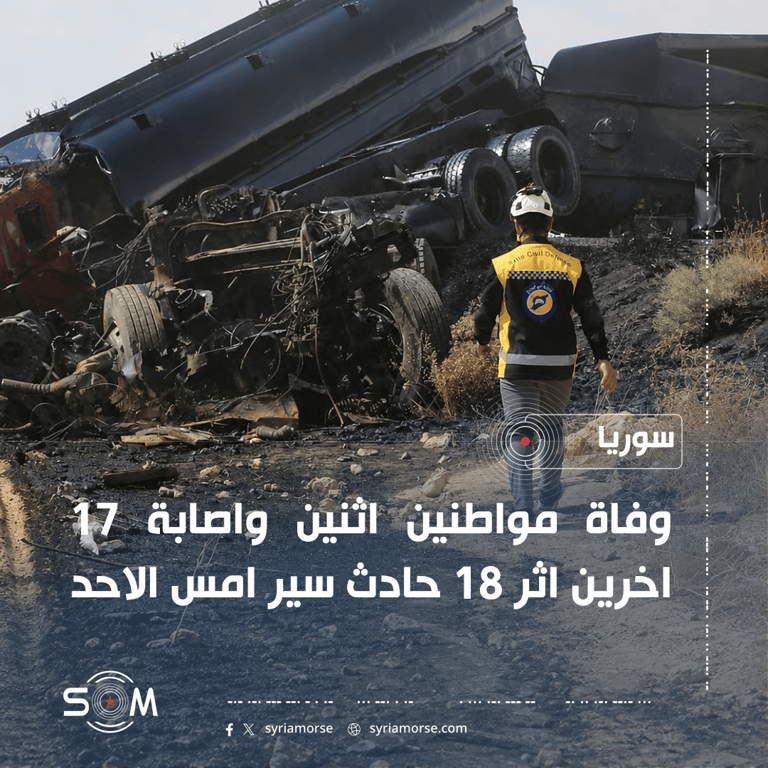 الدفاع المدني: وفاة شخصين وإصابة 17 آخرين في 18 حادث سير بسوريا