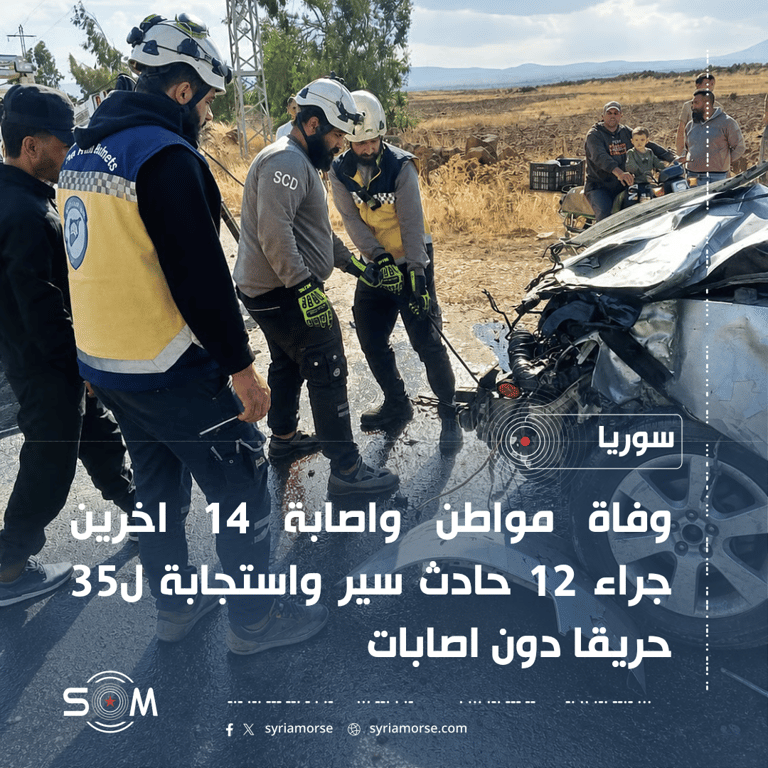 الدفاع المدني: وفاة شخص واصابة 14 اخرين في 12 حادث سير بسوريا