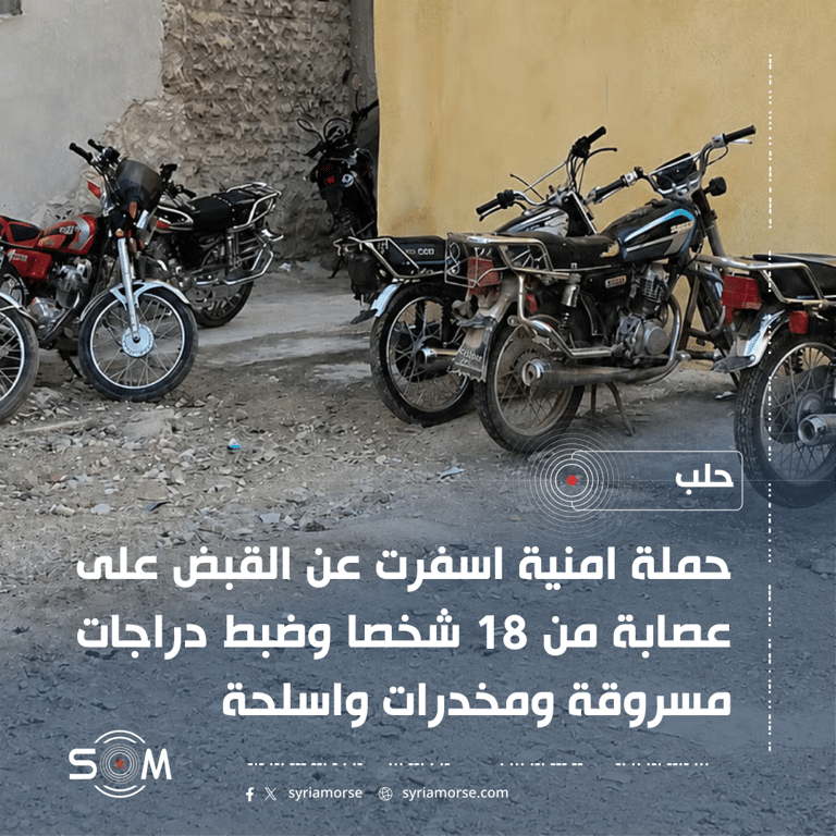 الامن الداخلي في حلب يعلن توقيف عصابة من 18 شخصا بتهم سرقة وضبط مخدرات واسلحة