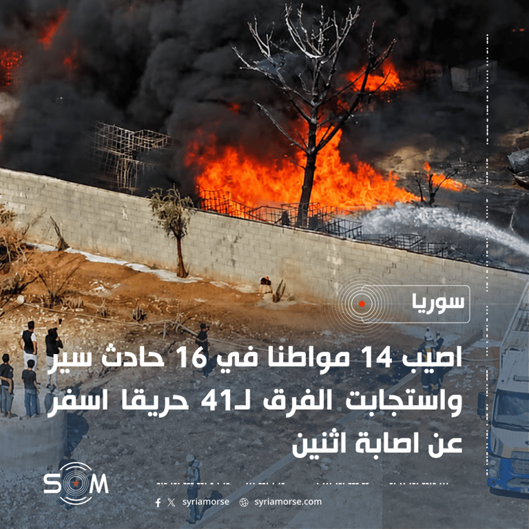 الدفاع المدني: 14 مصابا في 16 حادث سير و41 حريقا في سوريا
