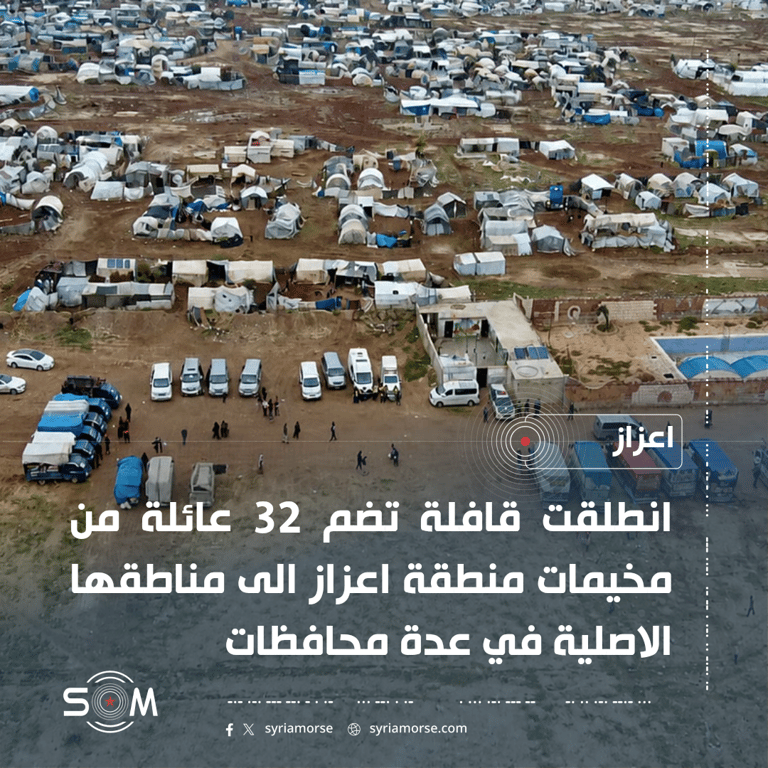 انطلاق قافلة تضم 32 عائلة من مخيمات اعزاز الى مناطقها الاصلية