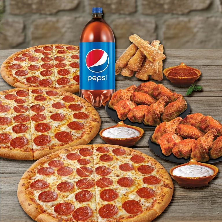 #5 ULTIMATE SPECIAL- (3) pepperoni pizza / 16 WINGS / ITALIAN BRD / ( 1) 2 liters soda